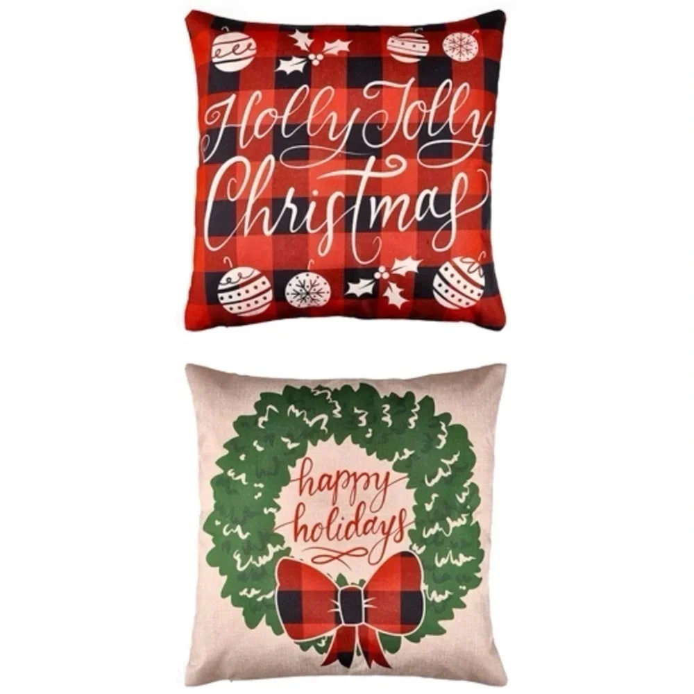 Pillow Cover Set Rustic Christmas Decor Farmhouse Plaid Linen Large Square 17.3”